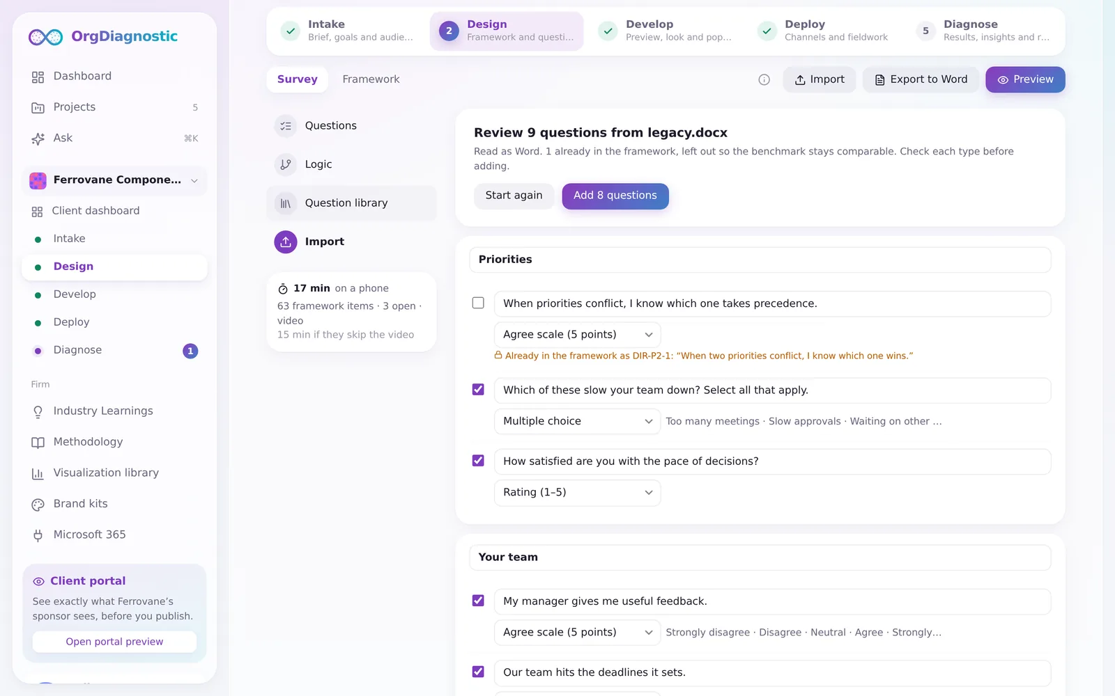 Design: reviewing nine questions imported from a Word document