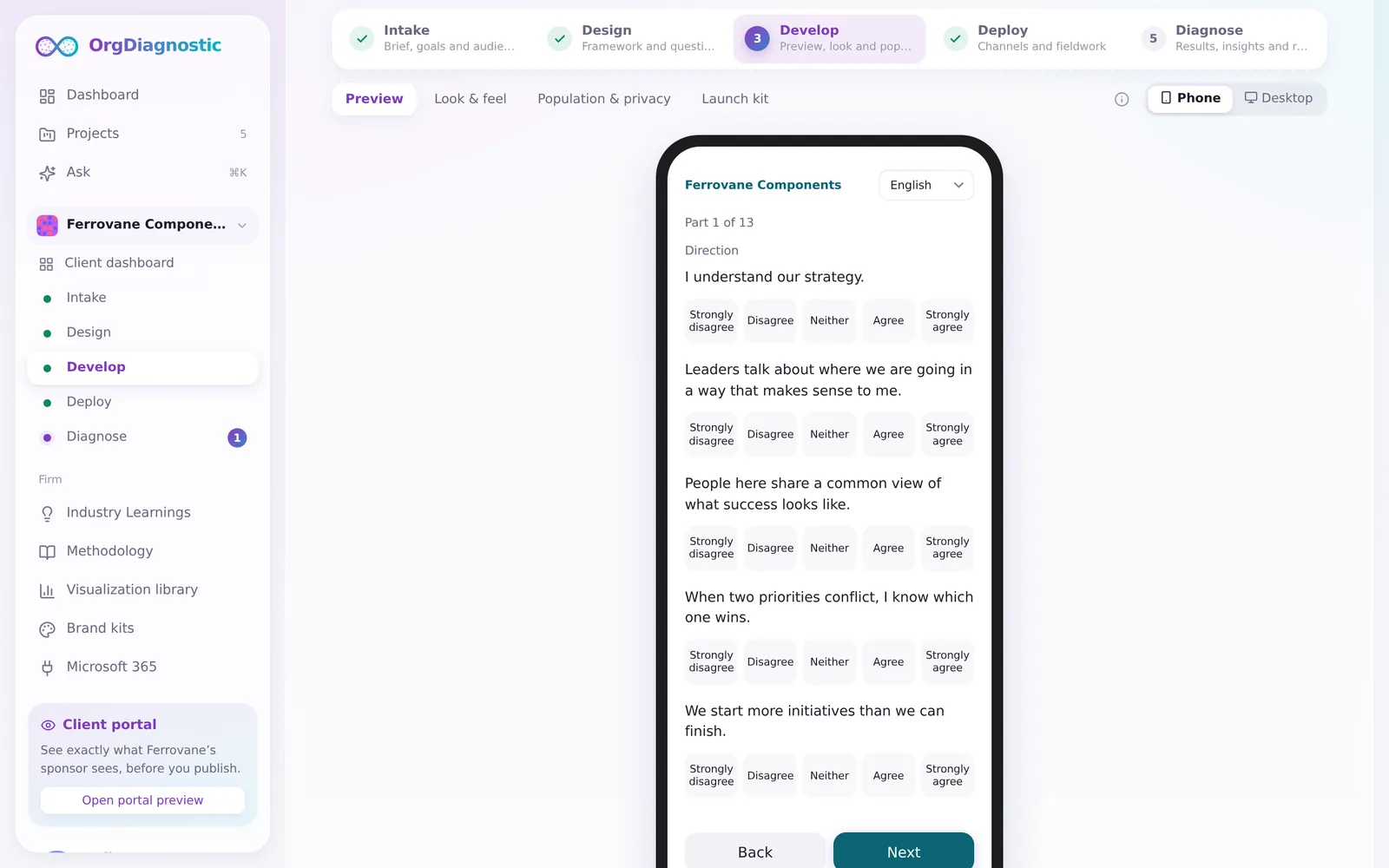 Develop: the survey previewed on a phone