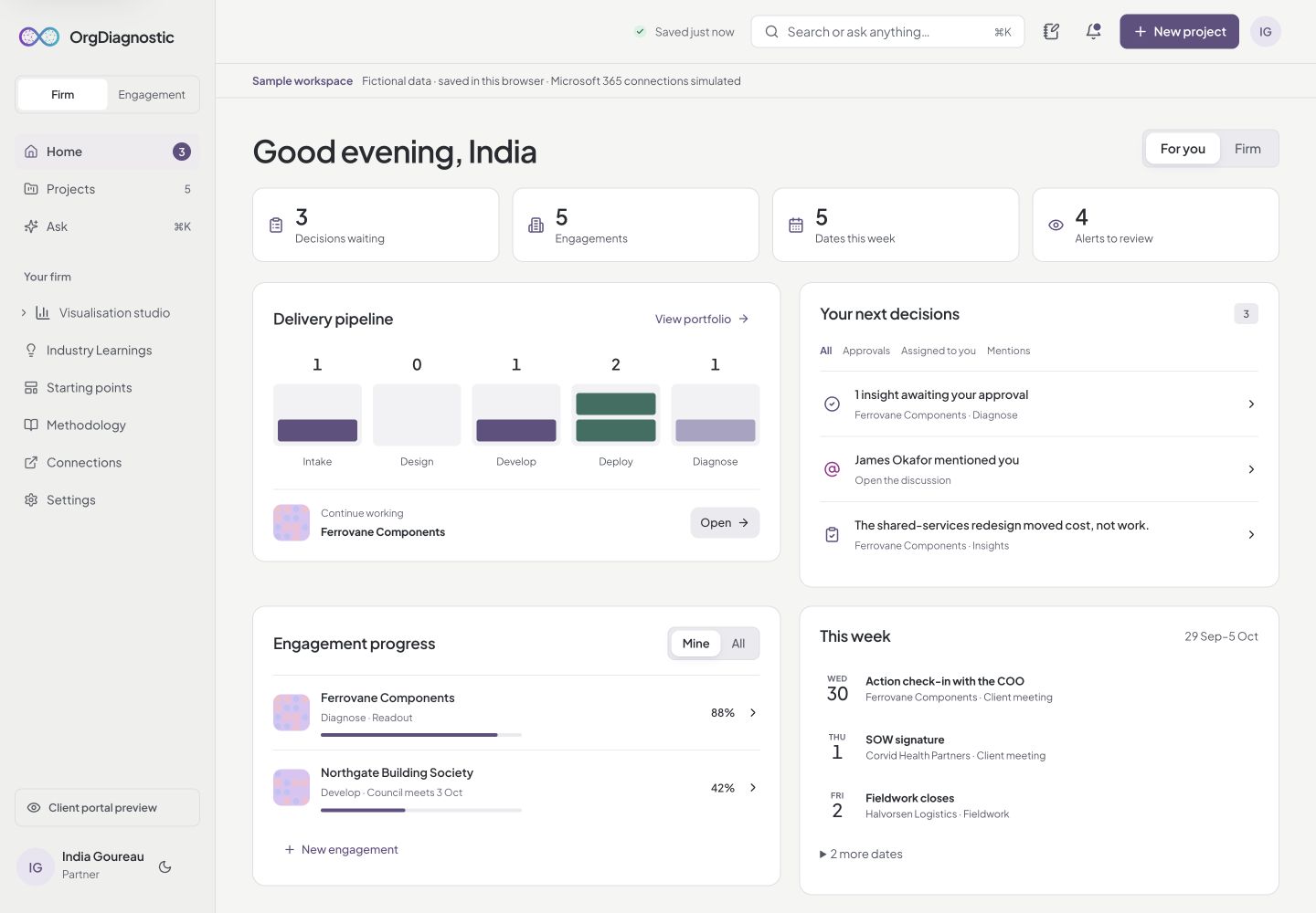 Sample consulting dashboard with delivery pipeline, decision queue and engagement progress